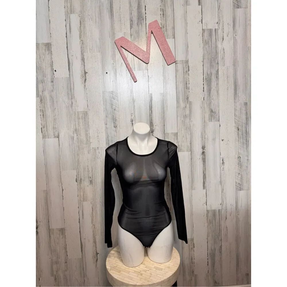 Bozzolo Black Sheer Mesh Long Sleeve Bodysuit Size M